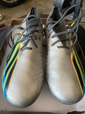 Adidas Silver Soccer Cleats with Neon Rainbow Stripes